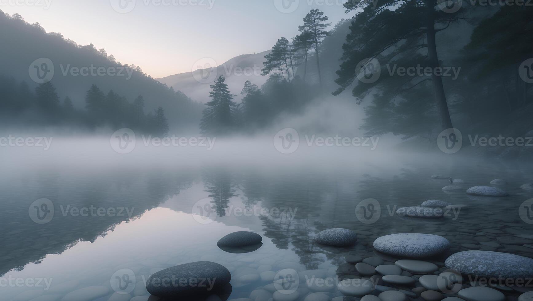 Serene Morning at Misty Lake with Smooth Stones on the Shore and Foggy Forest in Background photo