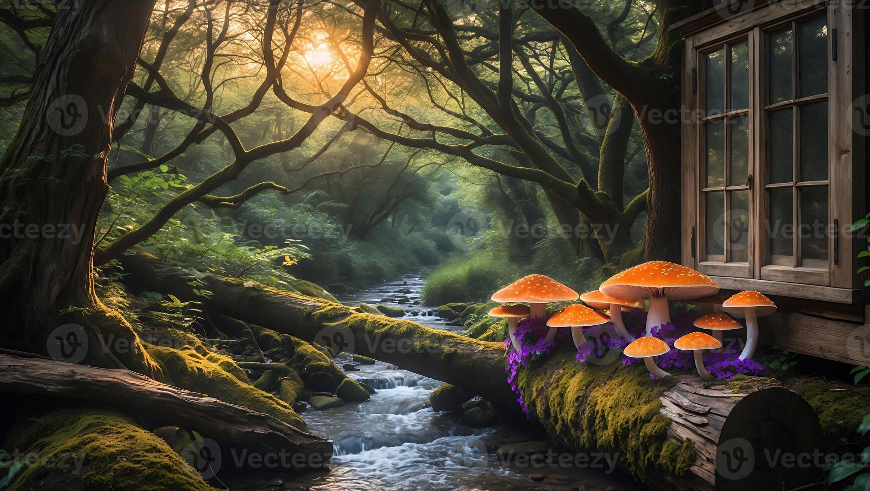 Enchanted forest scene featuring vibrant mushrooms by a tranquil stream near a rustic cabin photo