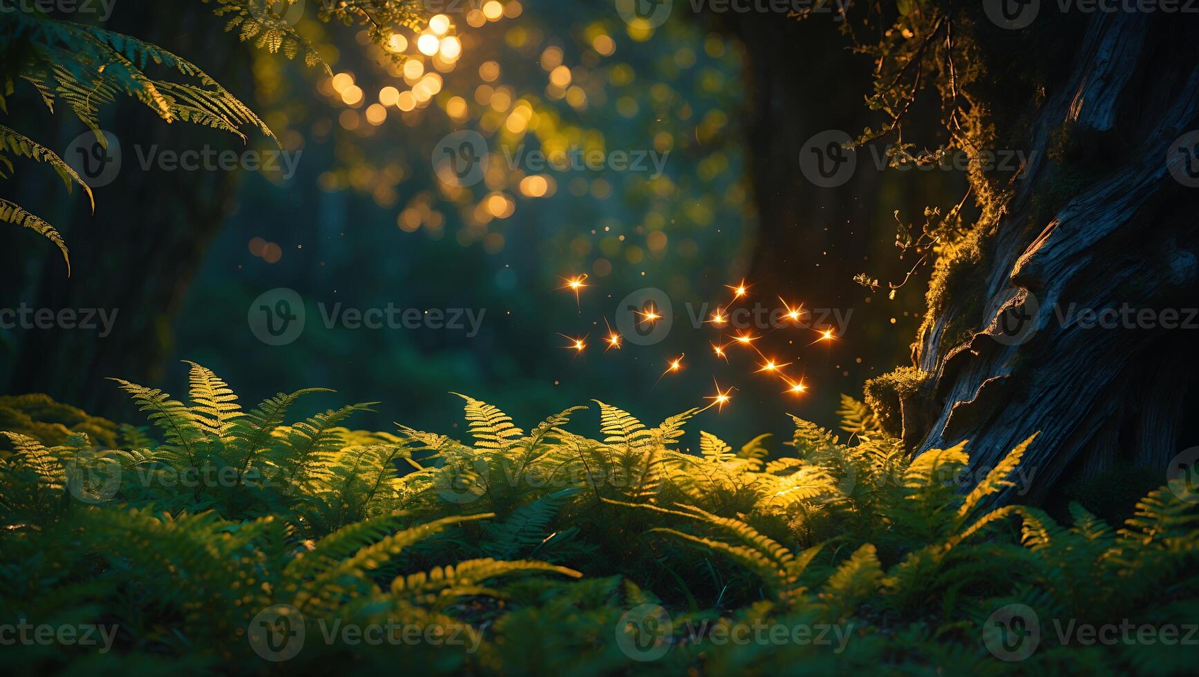 Enchanted forest scene with glowing orbs among lush ferns and dappled sunlight filtering through trees photo