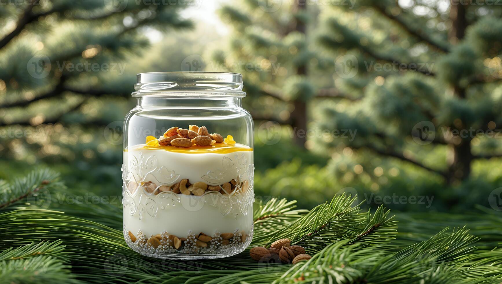 Fresh yogurt parfait layered with granola and fruits in a serene forest setting surrounded by pine trees photo