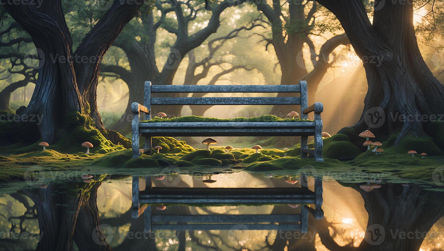Serene forest scene featuring a wooden bench surrounded by lush greenery and reflective water photo