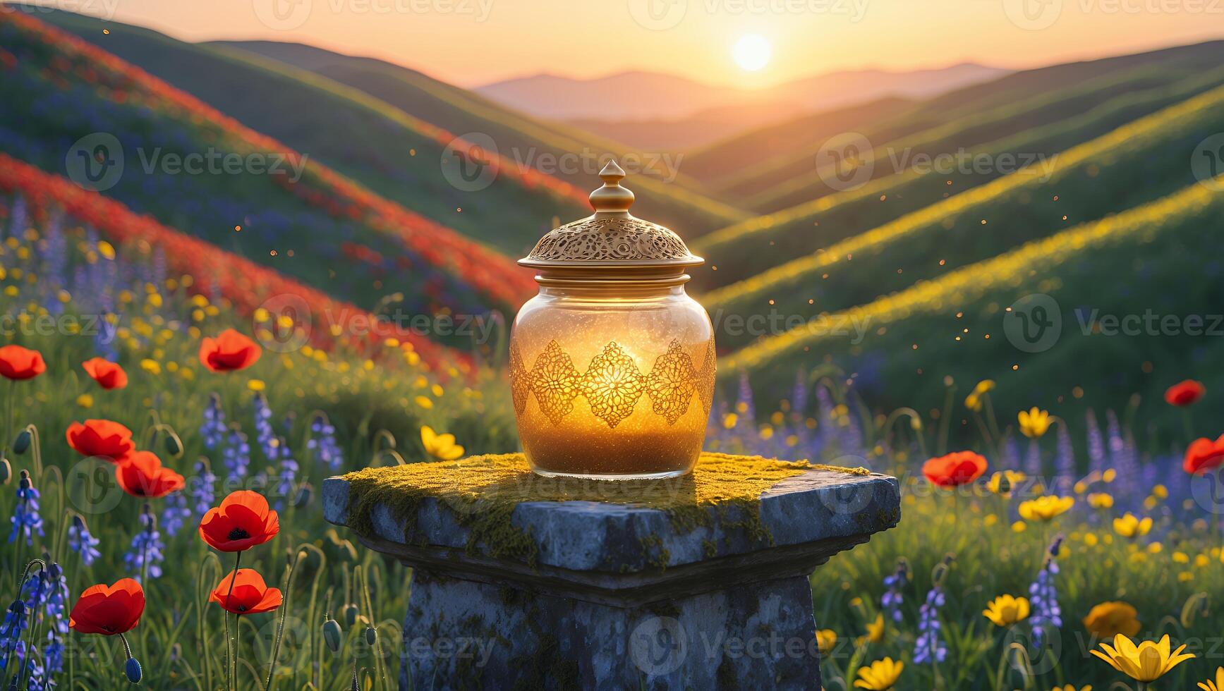 A golden ornate jar rests on a stone pedestal amidst colorful wildflowers at sunset in rolling hills photo