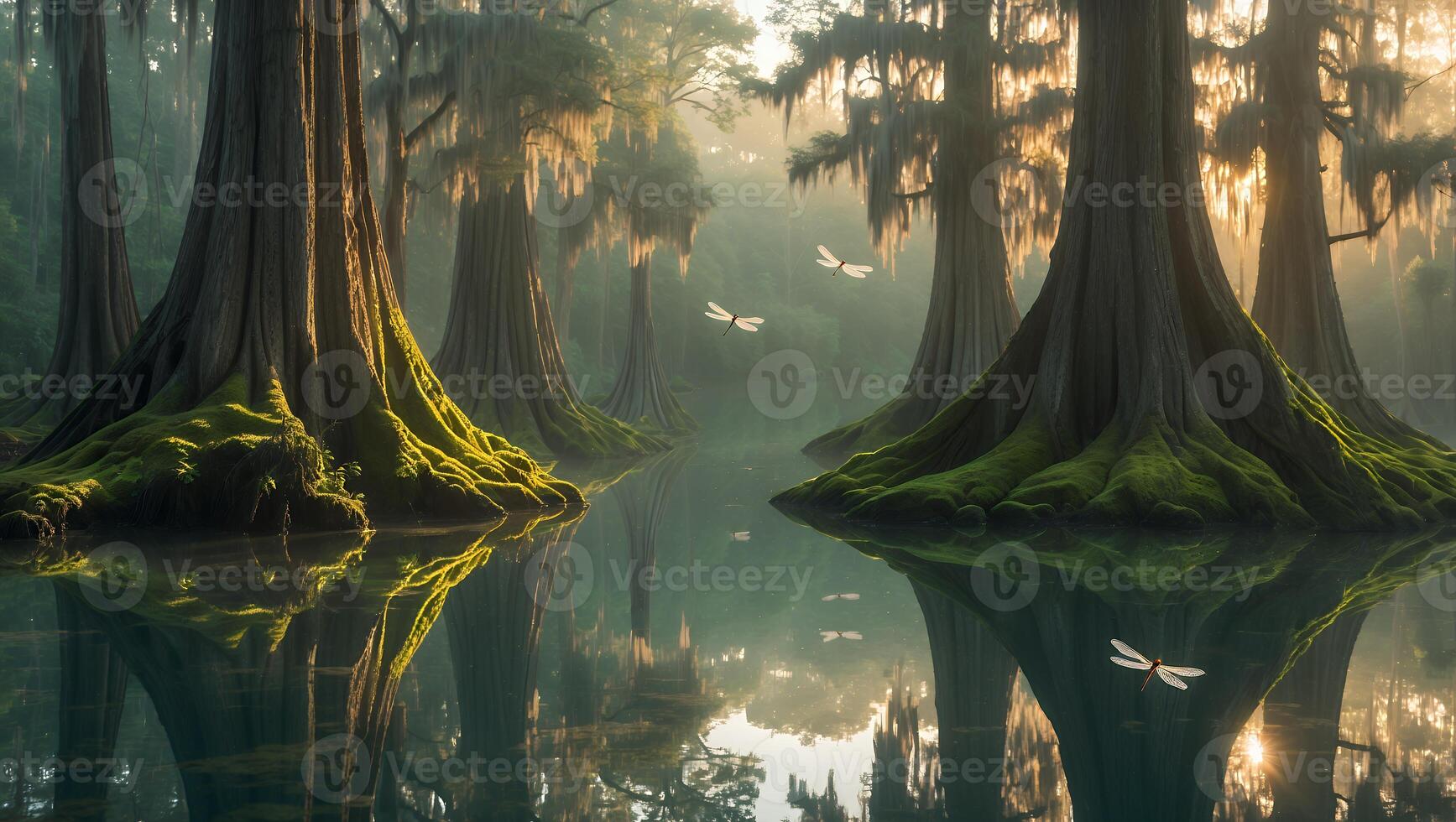 Tranquil morning in a misty cypress swamp with dragonflies and reflections in the calm water photo