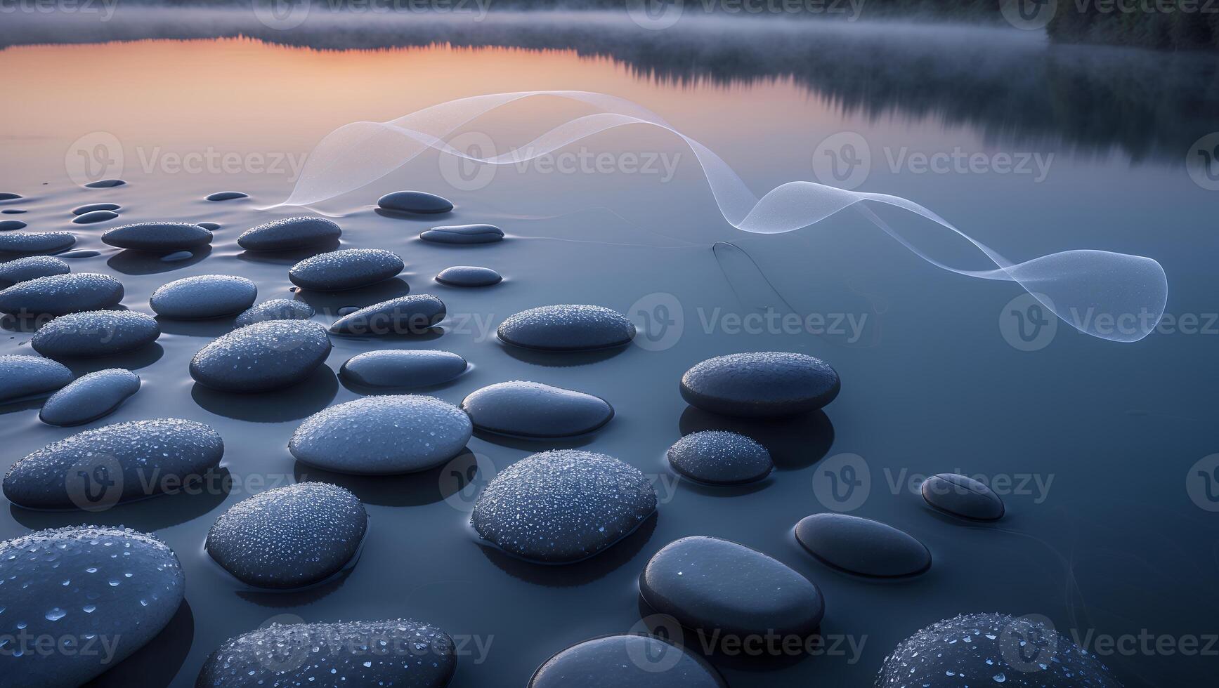 Serene landscape at dawn featuring smooth pebbles on water's edge with misty background photo
