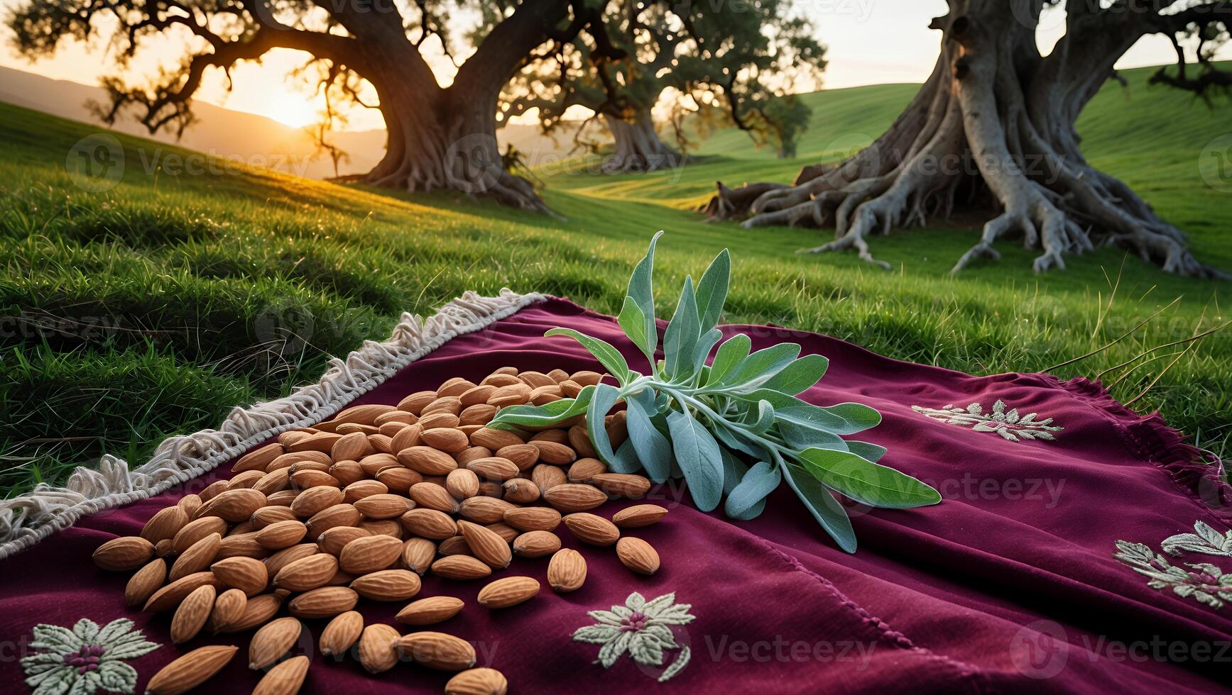 Almonds scattered on a decorative cloth under ancient trees at sunset, showcasing nature's bounty photo