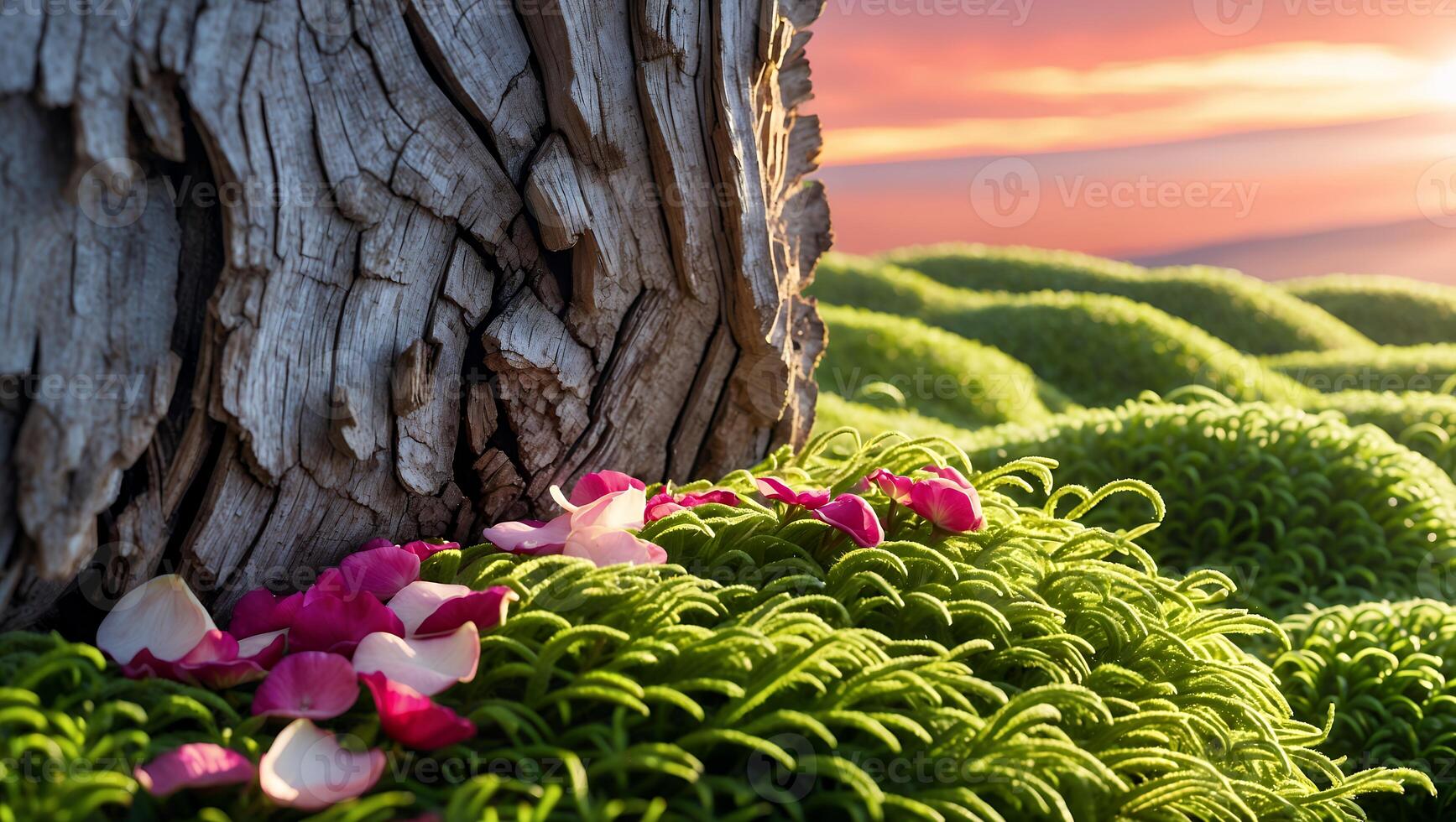 Tranquil sunset over vibrant green moss with scattered flower petals near an ancient tree trunk photo