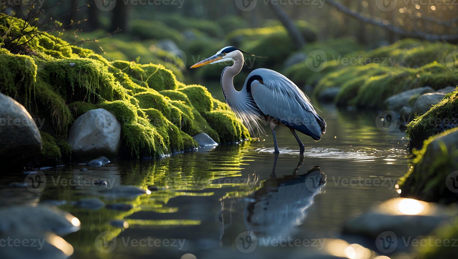 A graceful heron wading through a serene stream surrounded by lush green moss and stones at sunset photo