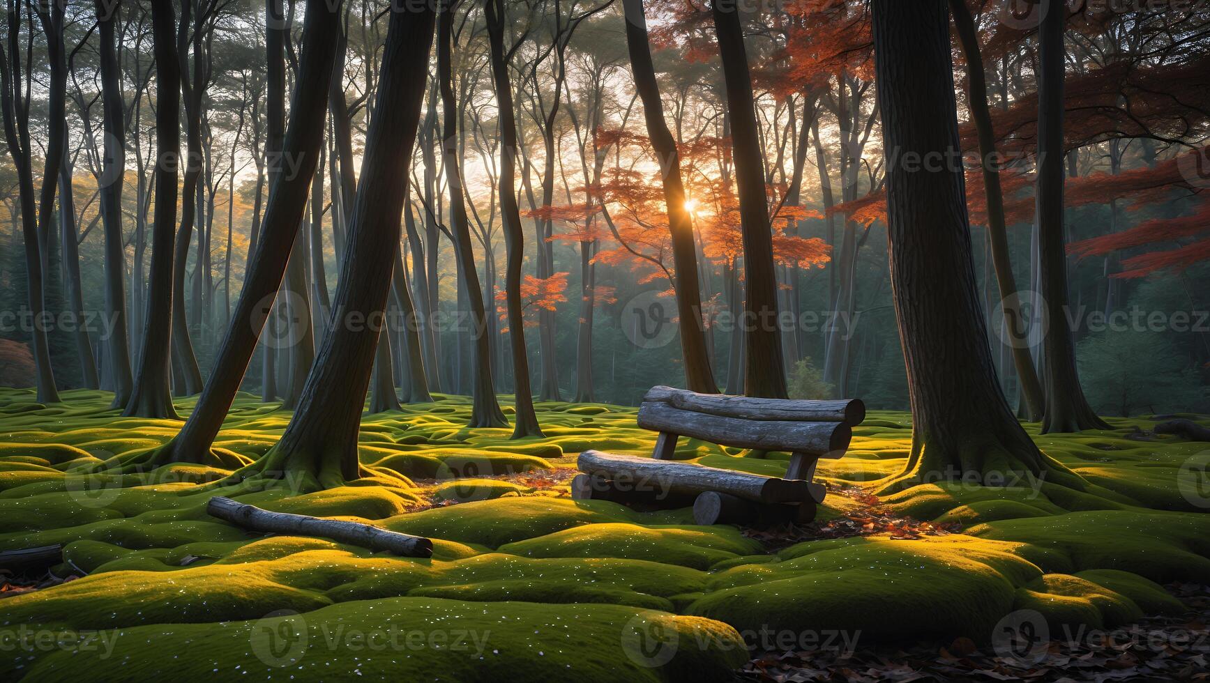 Tranquil forest scene with moss-covered ground, a rustic bench, and autumn foliage at sunset photo