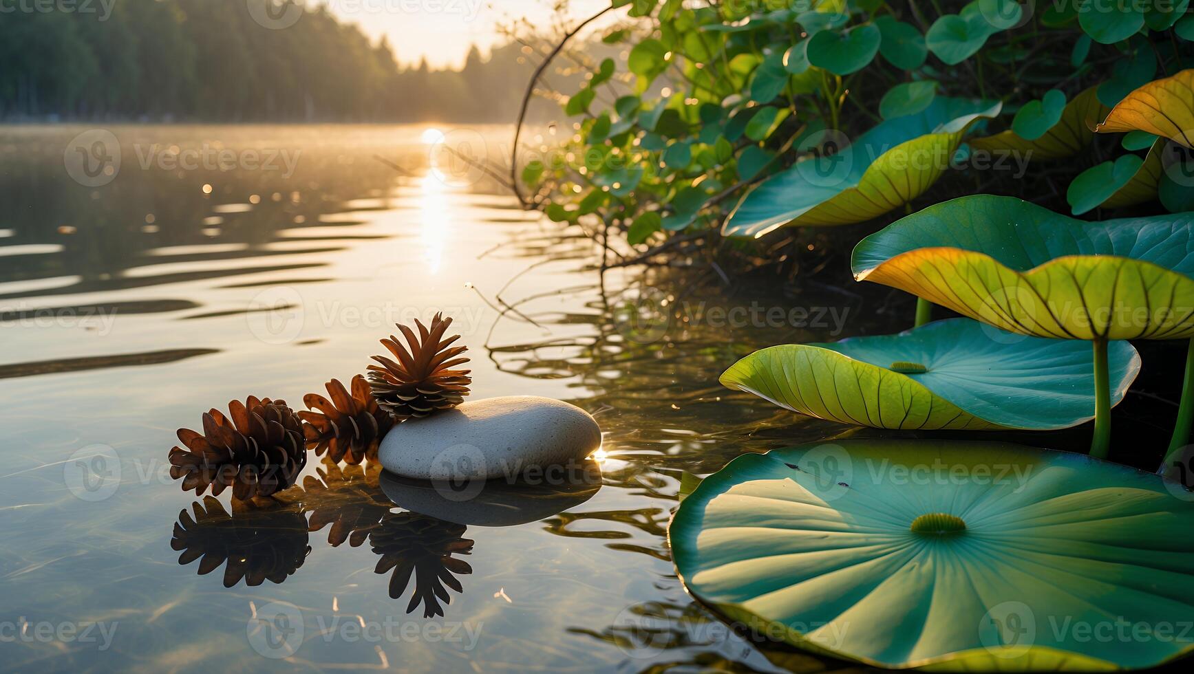 Tranquil lakeside scene featuring pinecones and lily pads reflecting sunlight at dawn photo
