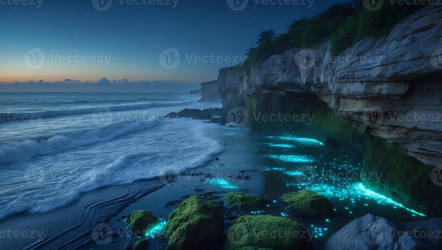 Serene coastal scene at twilight showcasing bioluminescent algae illuminating the shoreline photo