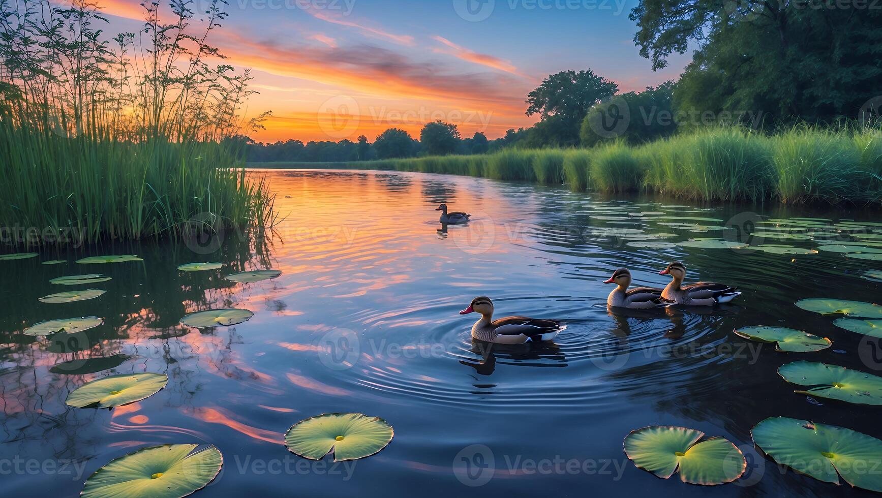Serene sunset over a tranquil lake with ducks swimming among lily pads and lush greenery photo