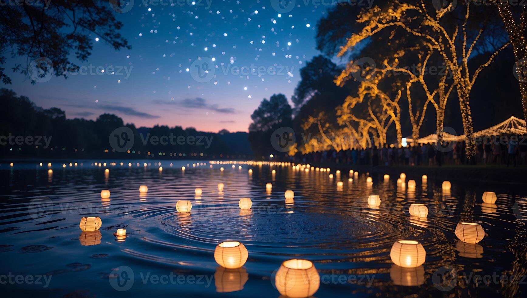 Serene night scene with floating lanterns on a calm river, surrounded by illuminated trees and a festive atmosphere photo