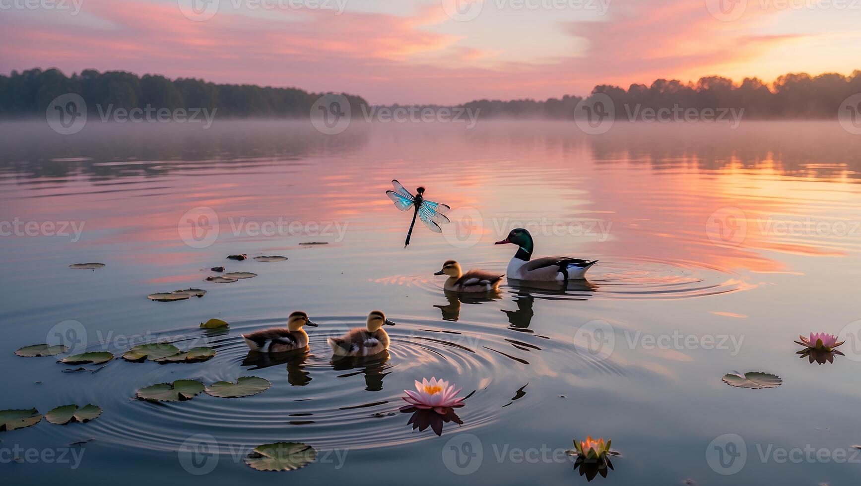 Serene lake at dawn with ducks swimming amidst water lilies and a dragonfly hovering nearby photo