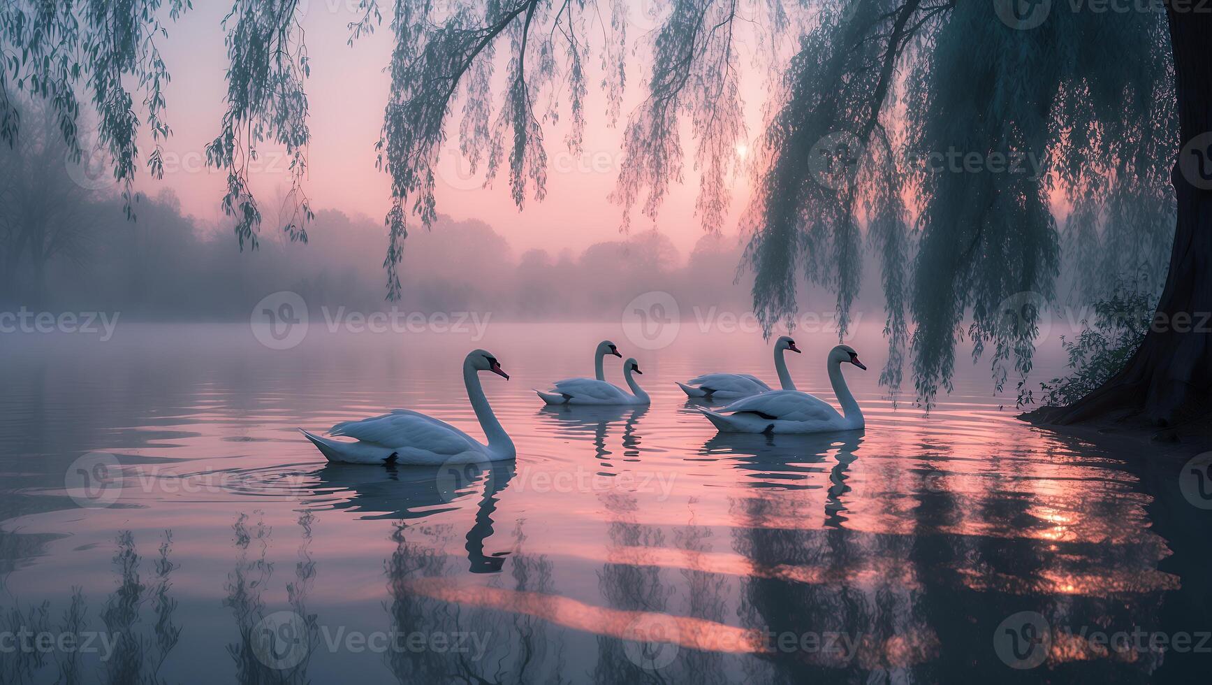 Serene morning scene with swans gliding on a misty lake surrounded by willow trees at dawn photo