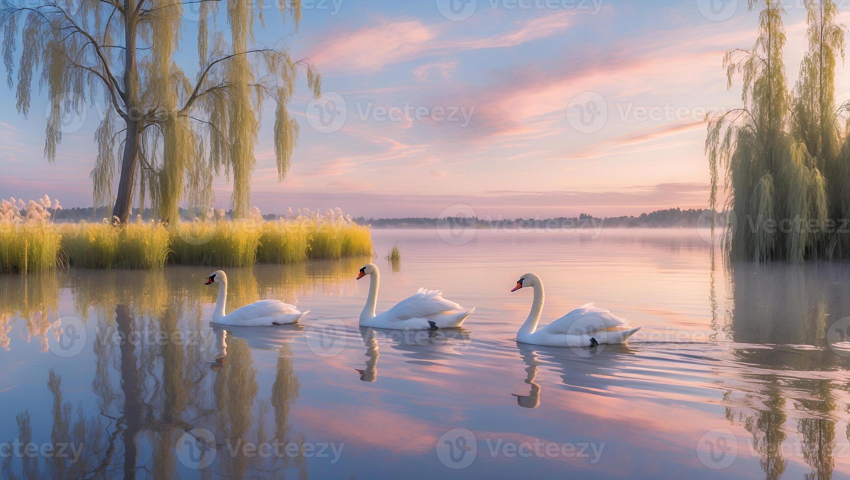 Tranquil scene of three swans gliding across a serene lake at sunset, surrounded by lush greenery photo