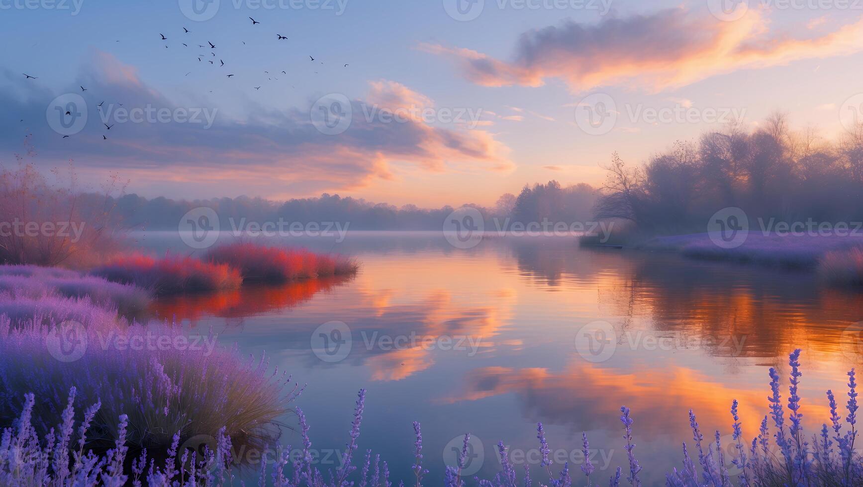 Serene sunrise over a tranquil lake surrounded by vibrant purple foliage and distant birds in flight photo