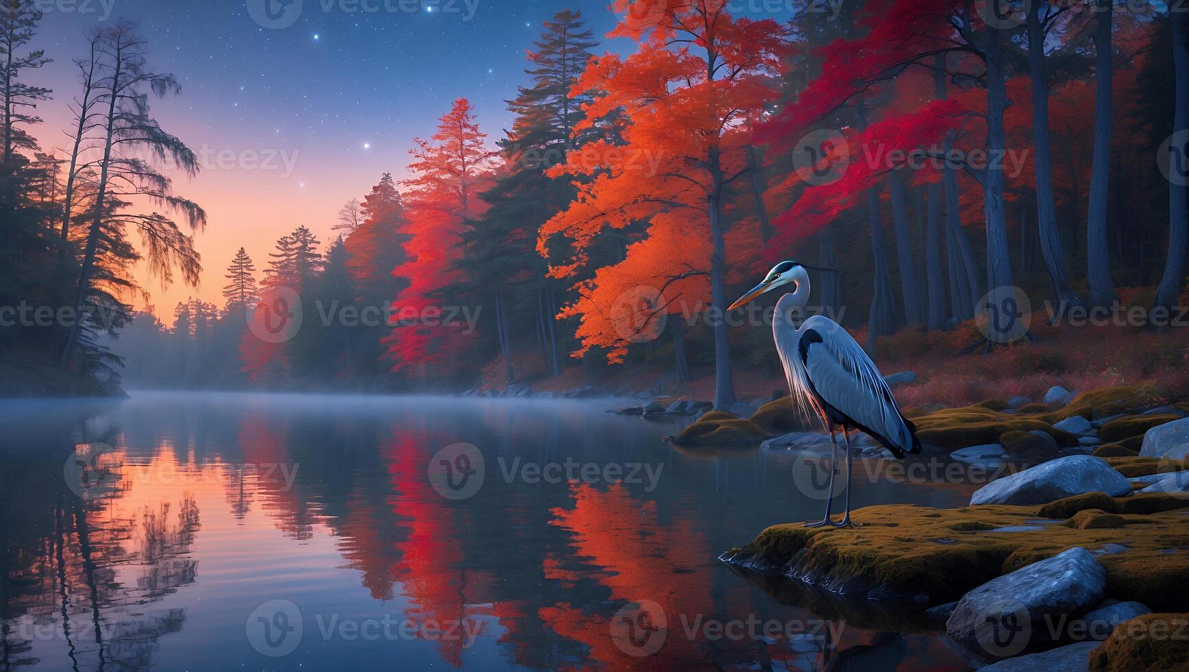 Majestic heron standing by a tranquil lake surrounded by vibrant autumn trees at sunset photo