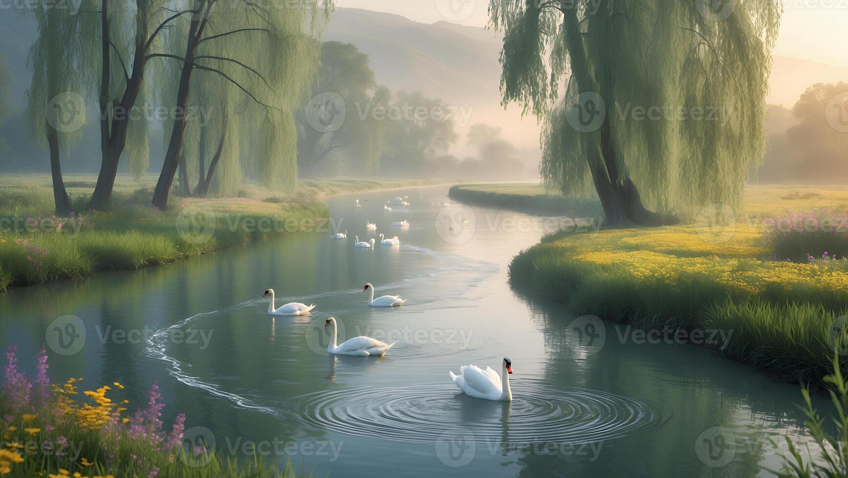 Serene morning scene with swans gliding on a tranquil river surrounded by lush greenery and flowers photo