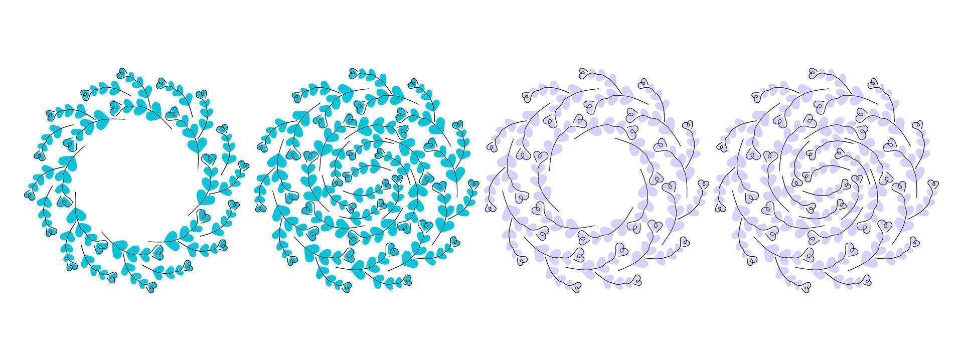 Hand Drawn heart shape twigs Make Circle Frame Borders and Backdrops in trendy blue and lavender Set. Isolated illustration Greeting Thematic Cards, poster, leaflet, banner, price, label or web vector