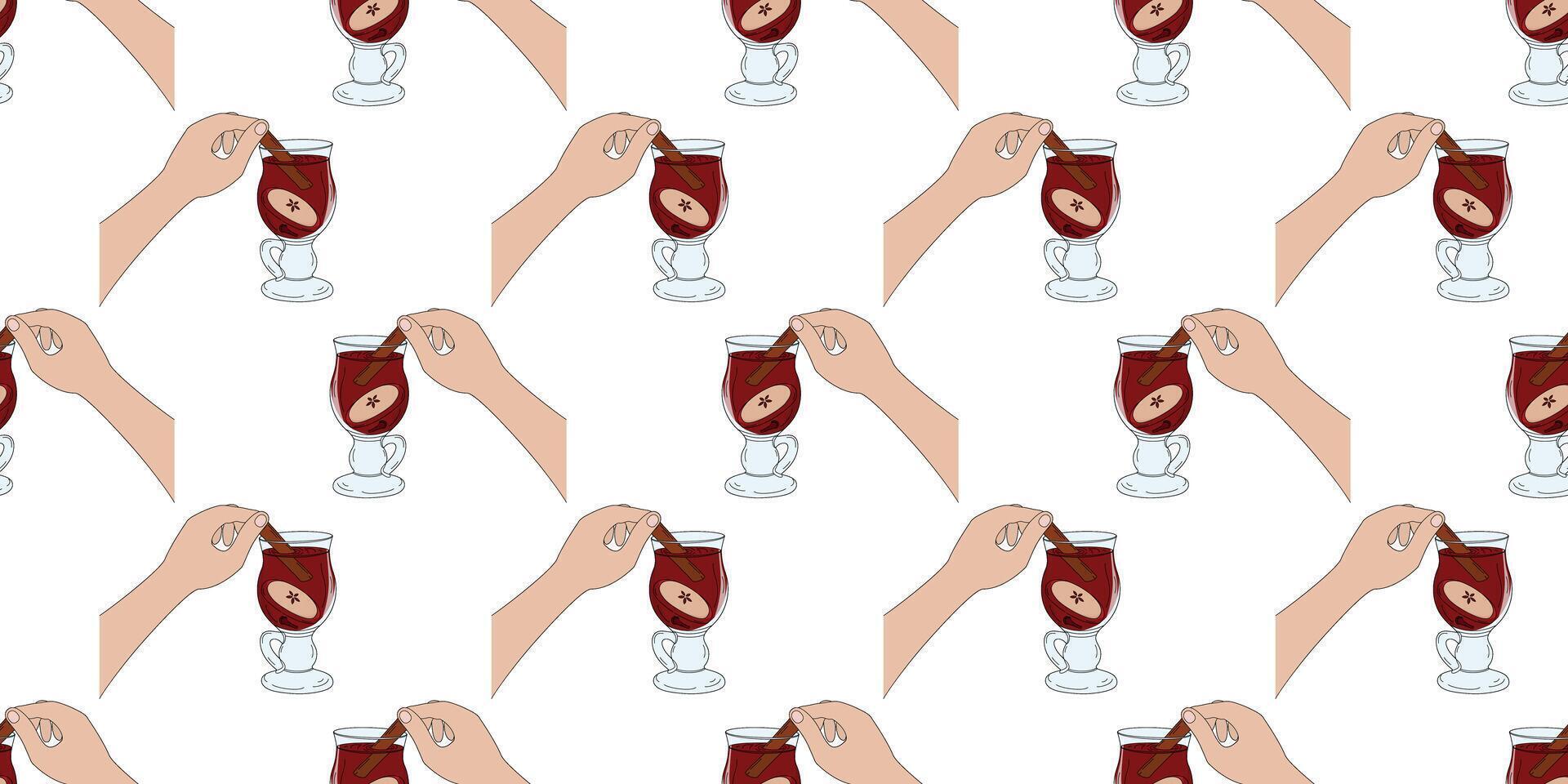 Hand Holding Cinnamon Stick in Glass Cup with Mulled Wine Seamless Pattern Pop art Style Banner Fond. Isolated illustration Cozy Seasonal Drink Menu Card Backdrop or Promo Banner, leaflets, tag vector