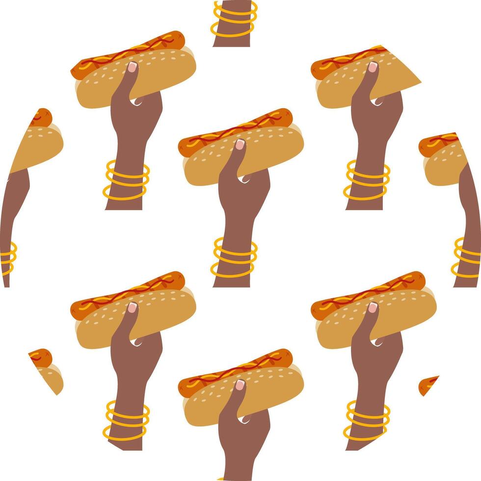 Dark Skin female hand Hold Hot Dog with sausage and Sesame bun Repeating Pattern on Circle Backdrop. Isolated illustration Fast Food or Hot Dog Day Background Ads Menu Cards, price tag, leaflet vector