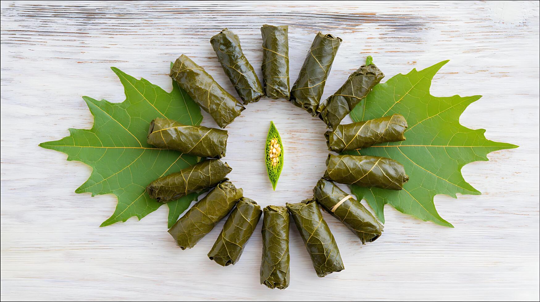 Grape leaves and grape leaves on a white table photo