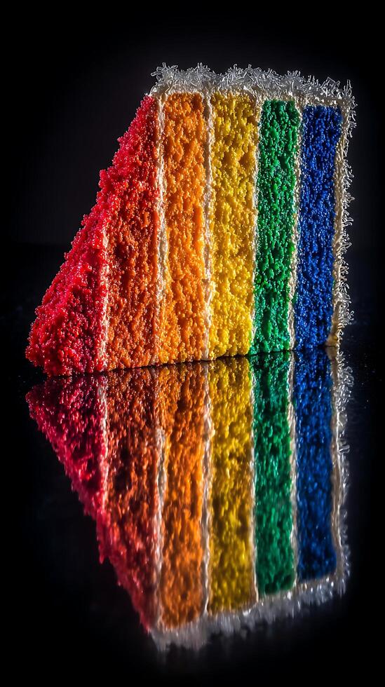A Slice of Rainbow Cake on a Dark Reflective Surface. photo
