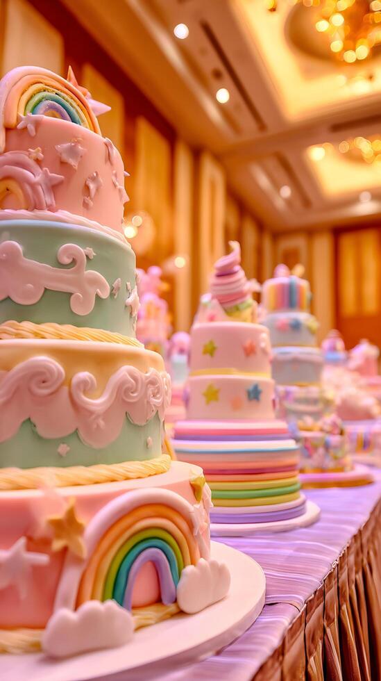 Enchanting Unicorn Cakes with Rainbows and Stars for Magical Celebrations. photo