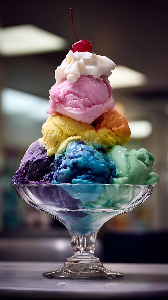 A Rainbow Ice Cream Sundae Delight with a Cherry on Top. photo