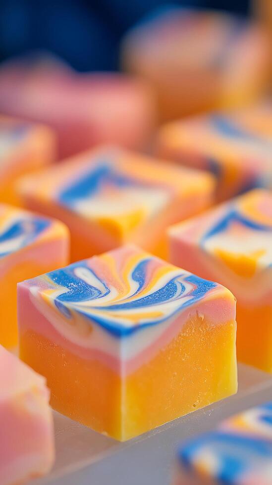 Swirl of Colors Vibrant Handmade Soap Cubes on Display. photo