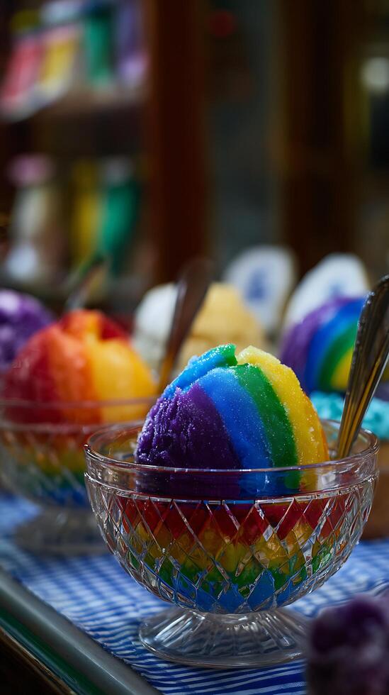 Enjoy a Colorful Rainbow Ice Cream Dessert in a Crystal Bowl photo
