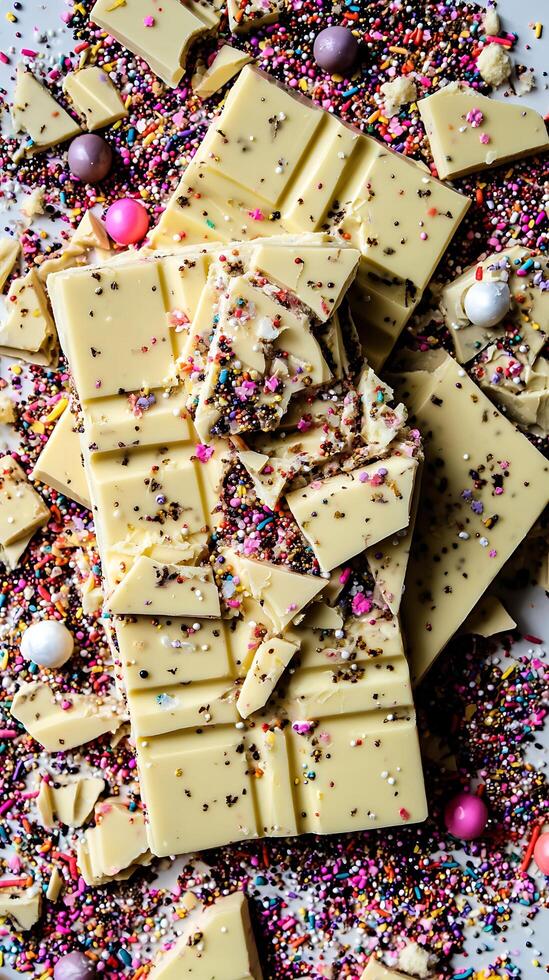 White Chocolate Bar Broken With Colorful Sprinkles and Candy Balls. photo