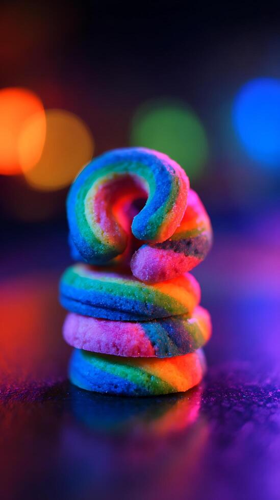 Colorful Rainbow Cookie Stack Lit with Vibrant Bokeh Lights. photo