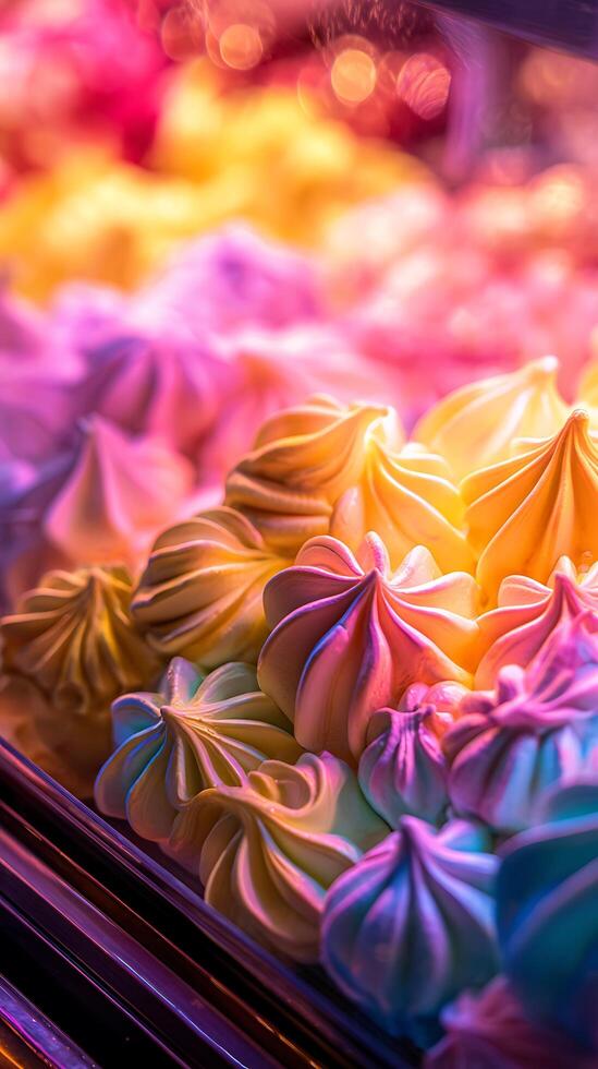 Sweet Swirls of Colorful Meringue Cookies with Soft Bokeh Lights. photo