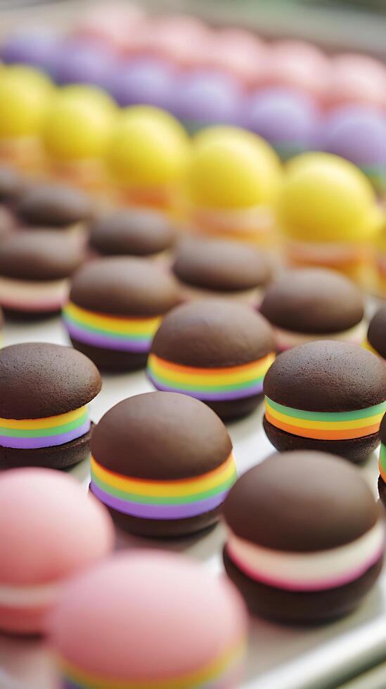 Delicious Colorful Macarons with Rainbow Stripes Displayed in Rows. photo
