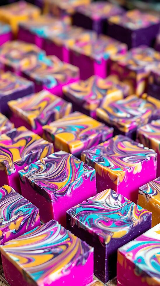 Vibrant Swirled Handmade Soap Bars Close Up For Beauty and Skincare. photo