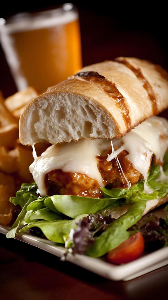 Delicious Melted Cheese Sandwich with Fries and Beer. photo
