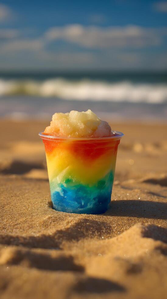 Refreshing Rainbow Slushy on a Sunny Beach Day. photo