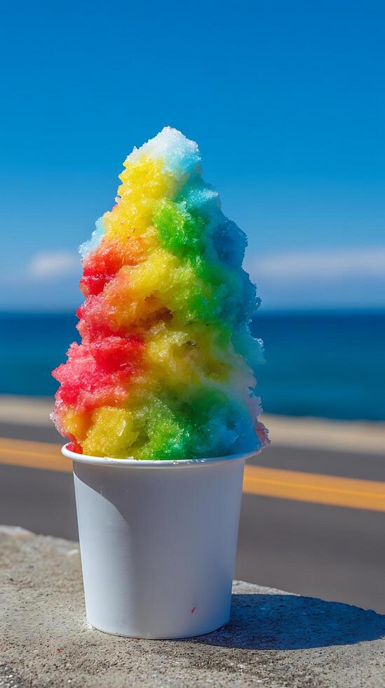 Refreshing Rainbow Shaved Ice Treat on a Sunny Day by the Ocean. photo