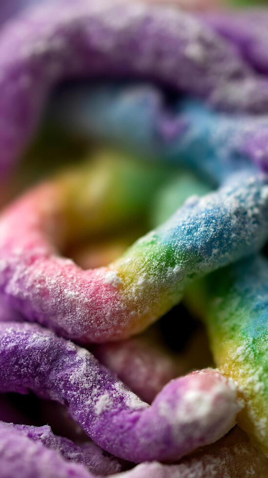 Close Up of Sweet Rainbow Pretzel Bites Covered in Sugar Dust. photo