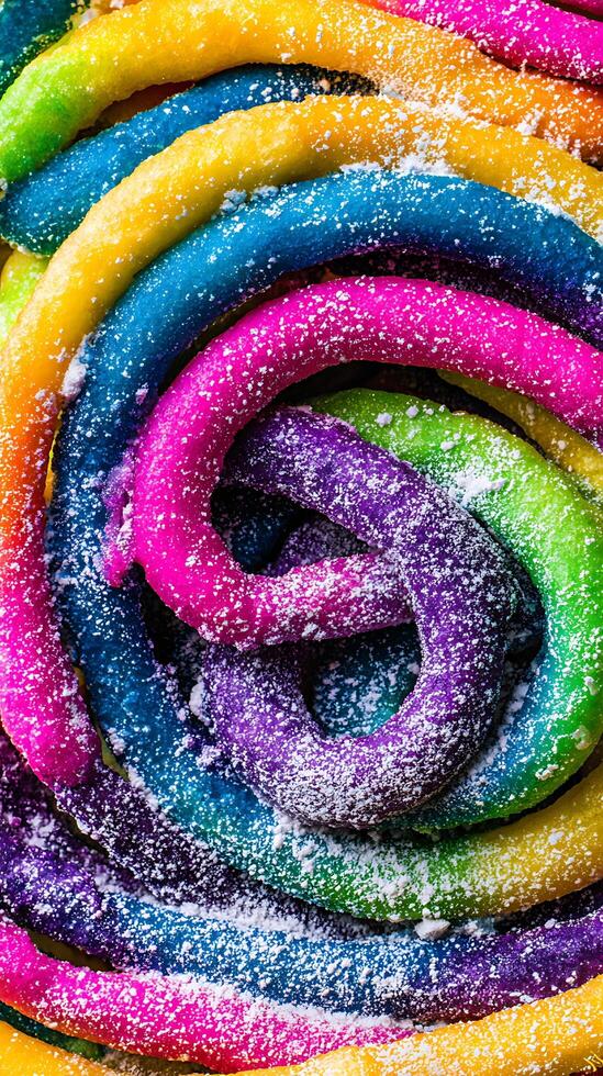 Vibrant Rainbow Pretzel Swirls Dusted with Sweet Sugar Sparkle. photo