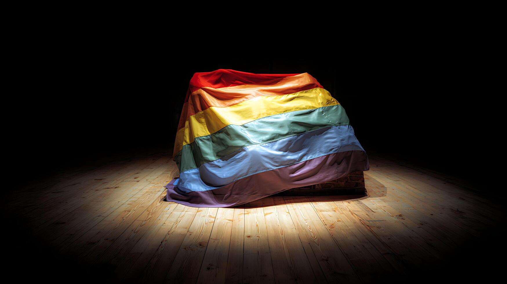 Rainbow Pride Flag Illuminated on Wooden Stage with Dramatic Lighting. photo