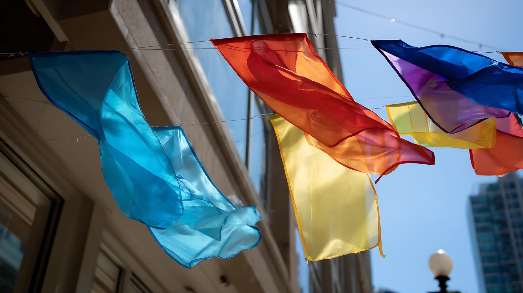 Colorful fabric banners flutter in the wind against a bright blue sky. photo