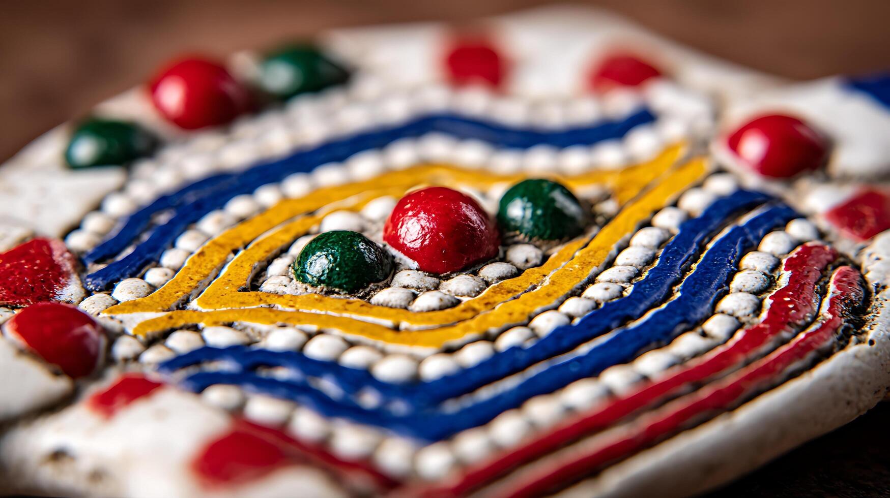 Close Up View of Traditional Colorful Ceramic Ornament with Shiny Beads. photo