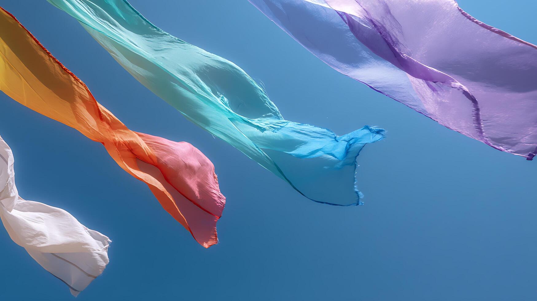 Colorful Fabric Ripples Dancing in a Bright Blue Sky. photo