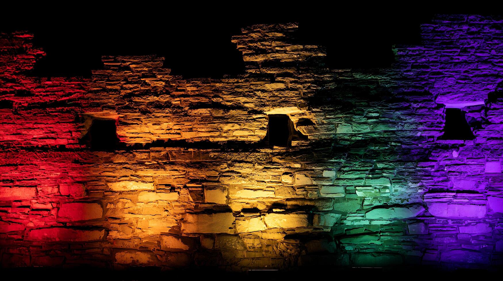 Ancient Stone Wall Illuminated with Vibrant Rainbow Colors at Night. photo