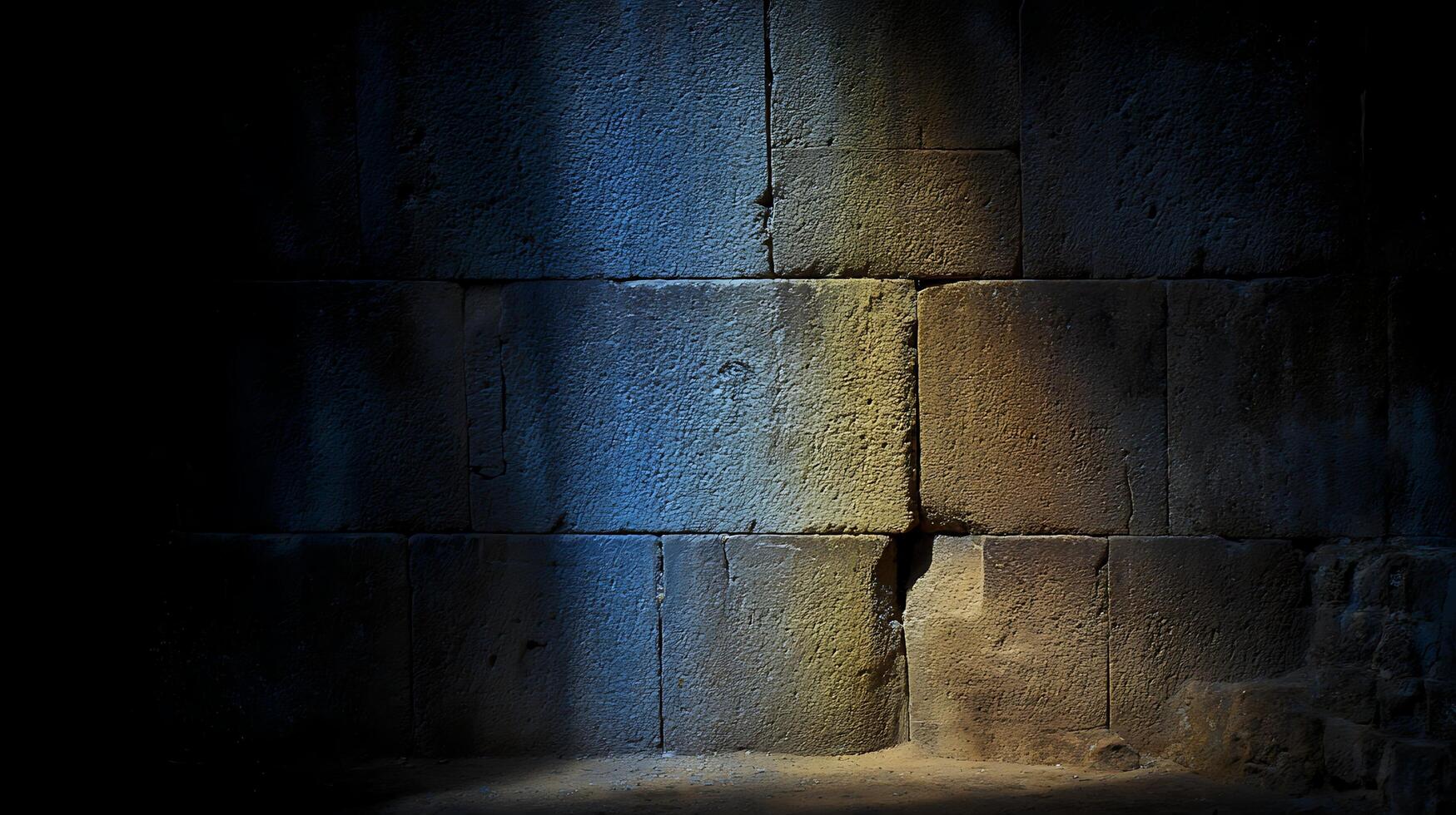 Ancient Stone Wall Illuminated by Contrasting Blue and Yellow Lights. photo
