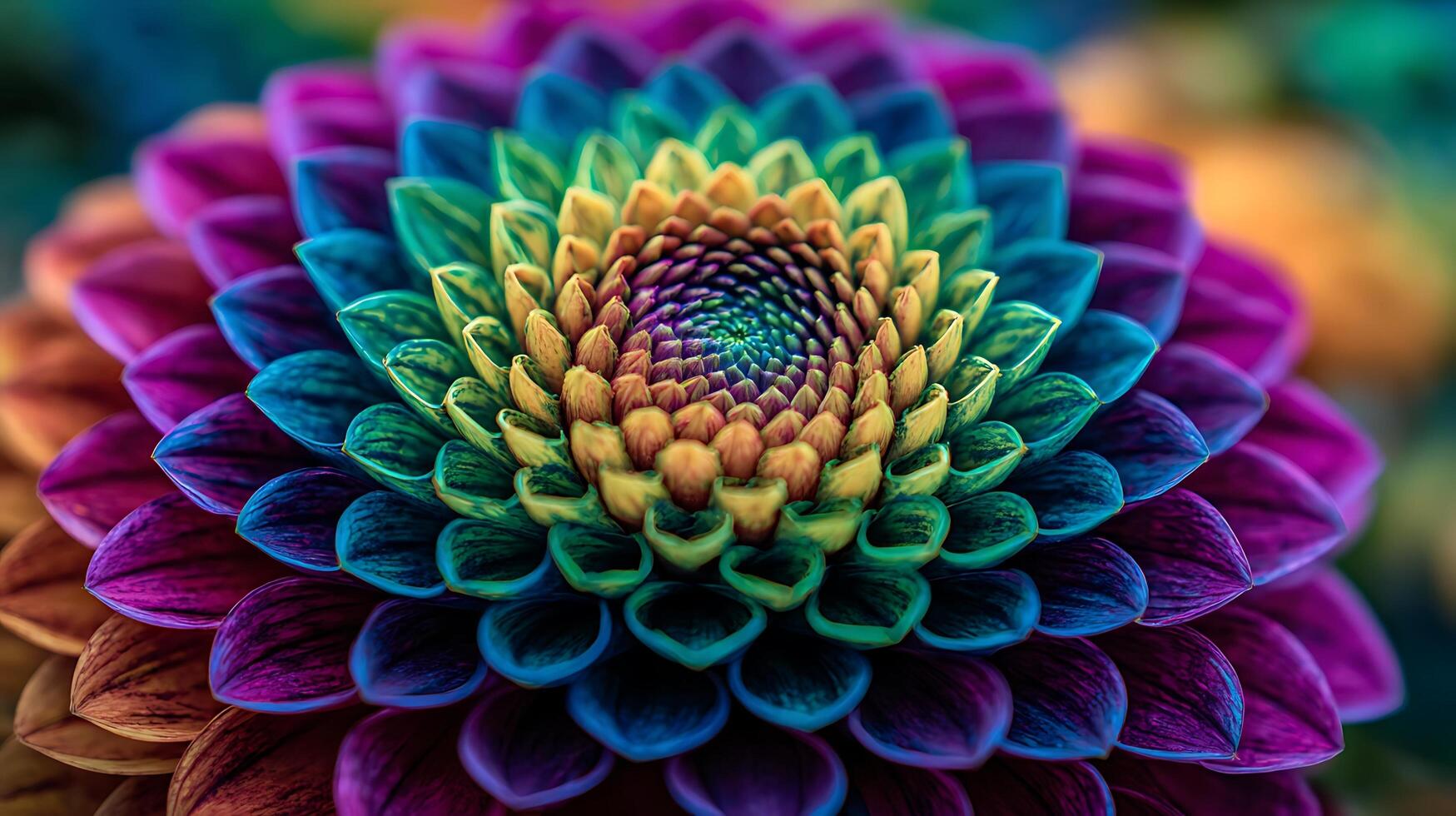 Vibrant Rainbow Dahlia Macro Flower Petal Symmetry and Color. photo