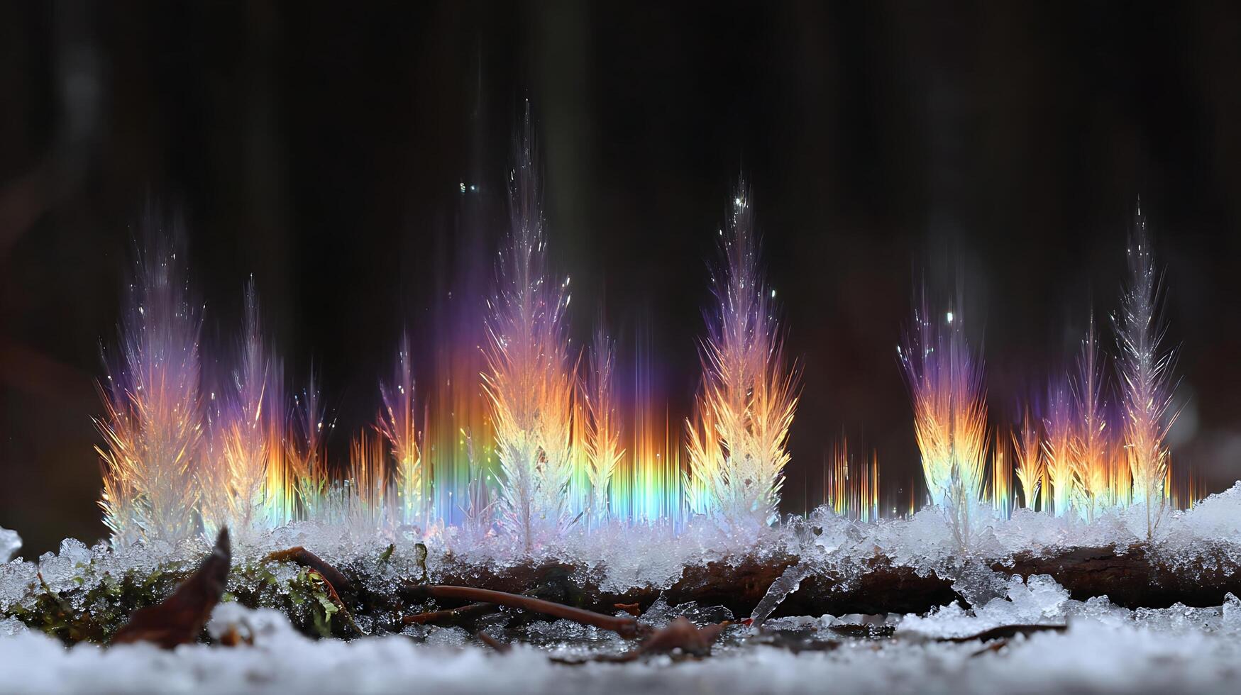 Magical Ice Formations Illuminated by Rainbow Light in Winter Forest. photo