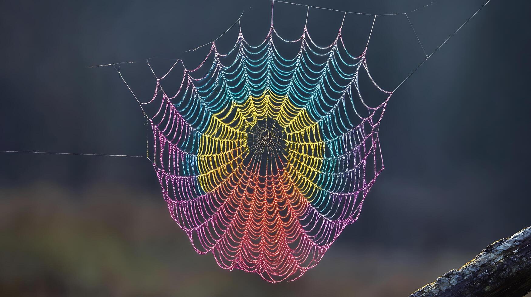 Rainbow dew drops on a spider web in the morning light. photo